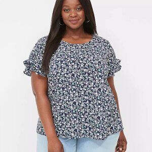 Lane Bryant Blue & Green Floral Flutter-Sleeve Crew-Neck Top in Size 22